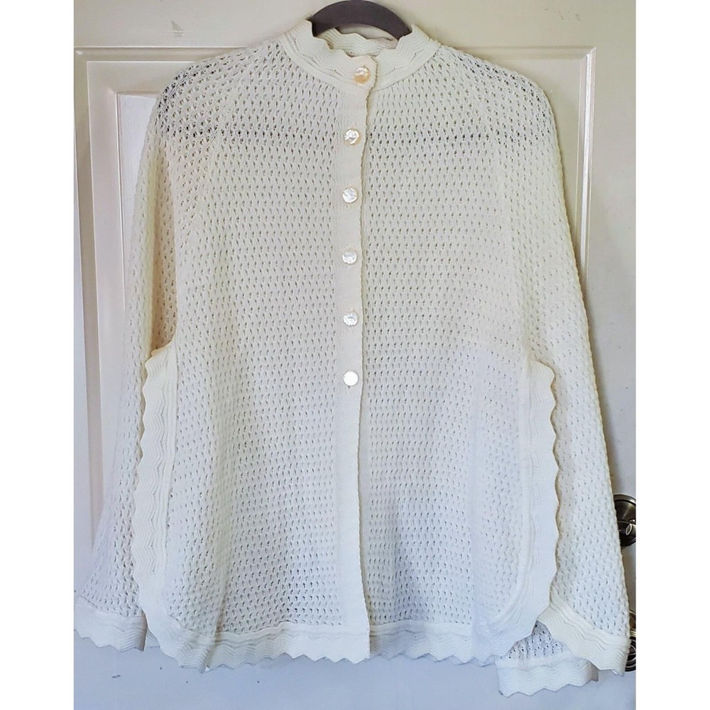 Vtg 60's Americana Knit‎ Button Up Cape Poncho Ivory Arm Slits Scallop Trim Edge